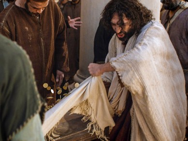 Jesus turning over tables in the temple.